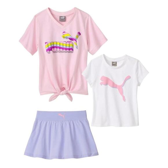 PUMA Kid Girls' 3-piece Active Set Size 5 Pink Purple Two T-Shirts Skort NEW - Picture 1 of 5